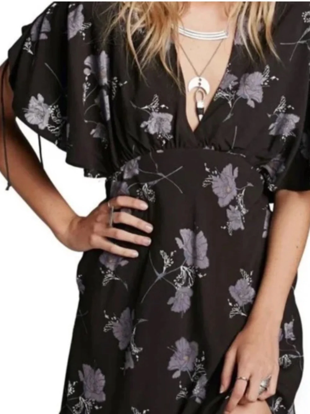 Free People Melanie Night Combo Black Purple Floral V-Neck Mini Dress